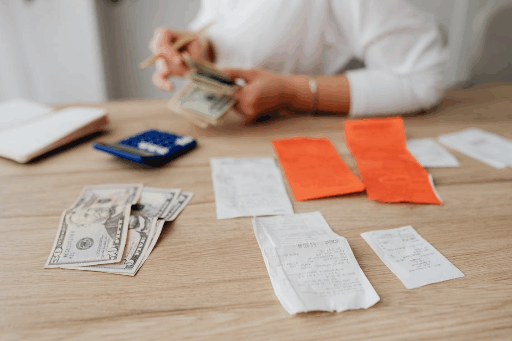Person reviewing receipts and cash while learning how to lower monthly expenses through monthly audits.
