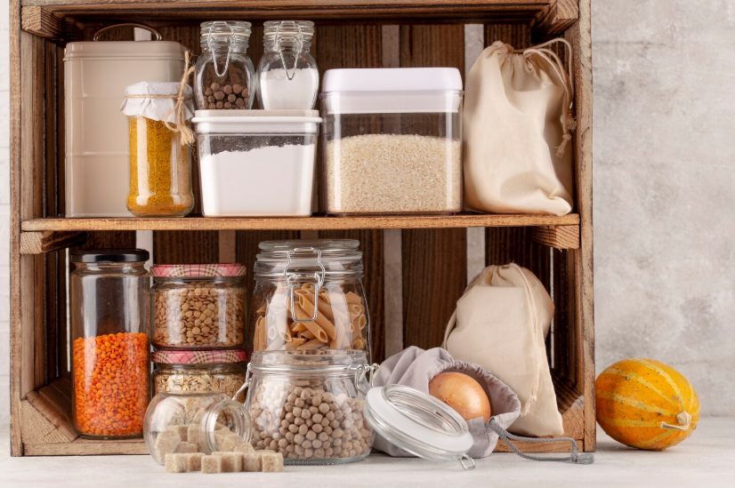 Neatly organized pantry shelves with jars, containers, and staples, demonstrating the pantry reset method.